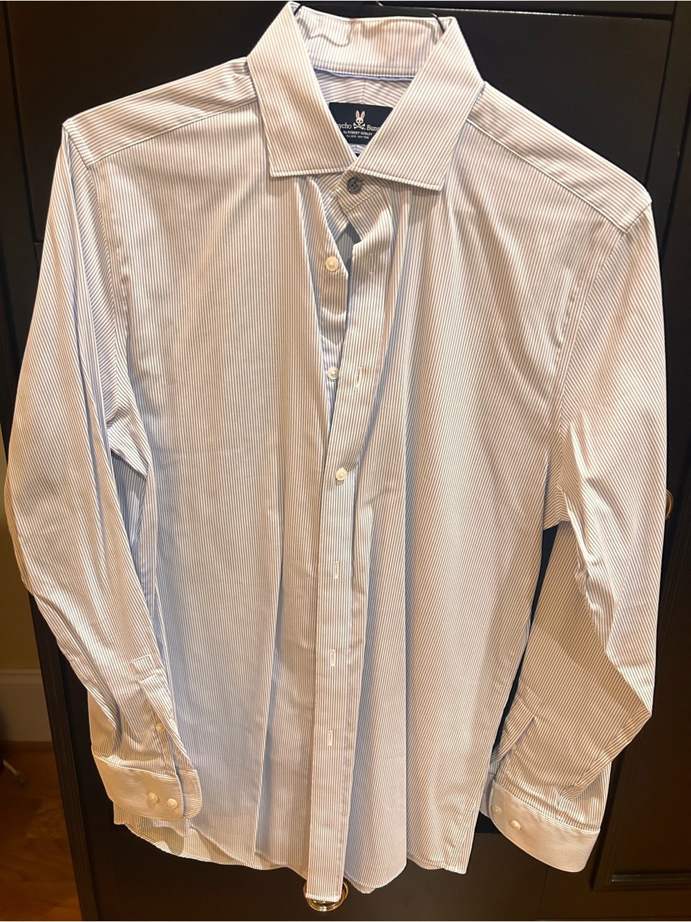 Psycho Bunny Men's White Shirt with Light Blue Pinstripes